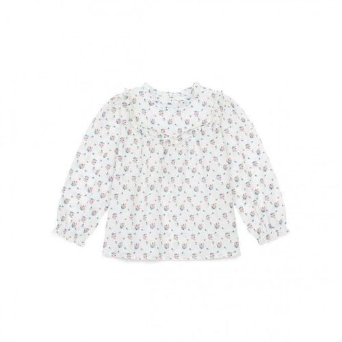 blusa padrão fundo branco com pequenas flores em azul e rosa